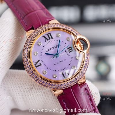 New Ladies Cartier Ballon Bleu 33mm Rose Gold diamond Purple Dial Purple Leather Strap Replica Watches watches