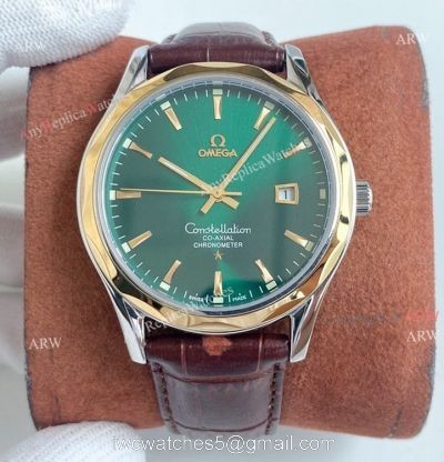 Copy Omega Constellation Green Dial Stainless Steel Brown Leather Strap Men Watch watches