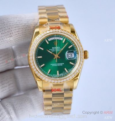 Swiss Replica Rolex Day-date President 36 Swiss 2836 Watch Olive Green Diamond Bezel watches