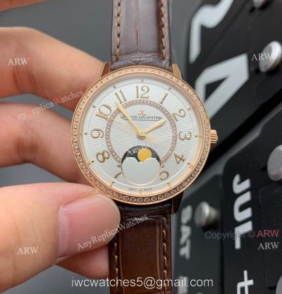ZF Factory Replica Jaeger Lecoultre Rendez-Vous Rose Gold Watch White Face Brown Leather Strap watches