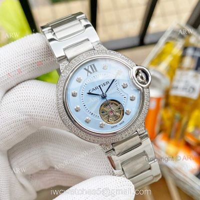 Replica Ladies Cartier Ballon Bleu Tourbillon 36mm Ice Blue Dial Watch With Diamonds watches