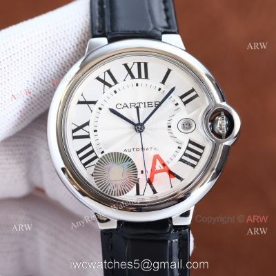 Copy Balloon Blue Cartier SS Silver Face Watch with Black Leather Strap watches