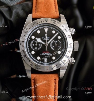 Clone Tudor Heritage Black Bay Chronograph Watch Stainless steel Brown Leather Strap watches