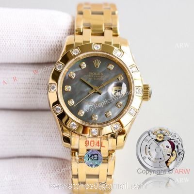 Swiss Replica Rolex Datejust Pearlmaster 81319 Watch Black Mother-Of-Pearl Yellow Gold 34mm watches