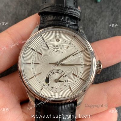 Swiss Copy Rolex Cellini Dual Time 3180 Movement Watch Silver Dial Black Leather Strap watches