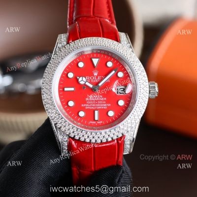 Rolex Submariner Diamond Bezel Red Face Leather Strap Citizen 8215 Watch watches