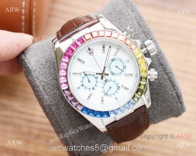 Fake Rolex Daytona Rainbow Watch Leather Band White Dial Japan-quartz watches