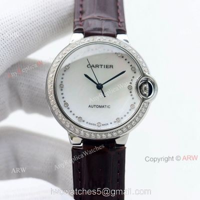 Swiss Quality 36mm Cartier Ballon Bleu Ladies Replica Watch With Diamond Bezel Brown Leather Strap watches