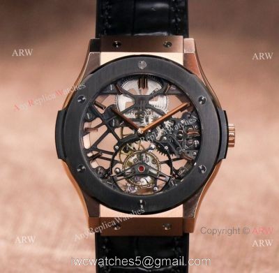Rose Gold Hublot Classic Fusion Skeleton Tourbillon Black Bezel Watch Best Replica watches