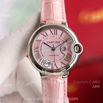 Copy Balloon Blue Cartier Wave Pink Dial V6 Watch with Pink Leather Strap watches