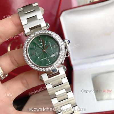 New Replica Cartier Pasha Diamond Bezel Deep Green Dial 316L SS Watch With Arabic Markers watches
