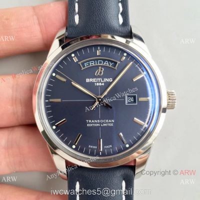 Swiss Grade Copy Breitling Transocean Day Date V7 Factory Watch Blue Dial Blue Leather Strap watches