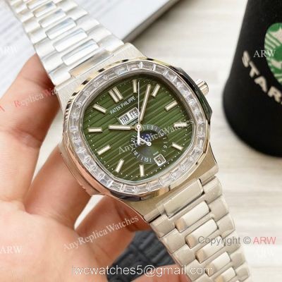 Clone Patek Philippe Annual Calendar Nautilus Watches Olive Green with Diamond 42mm watches