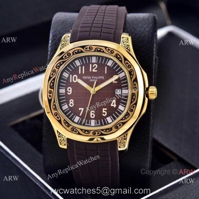 Clone Patek Philippe Aquanaut Engraving Watches Gold and Brown Rubber Strap watches