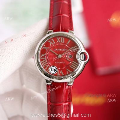 Copy Balloon Blue Cartier Red Dial Watch Polished SS Case Leather Strap watches