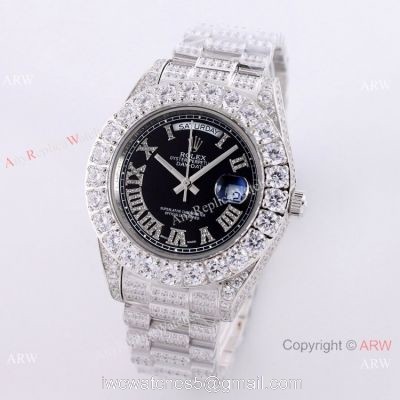 Day Date Rolex Diamond Bezel Replica Watch Stainless Steel Black Dial 43mm watches