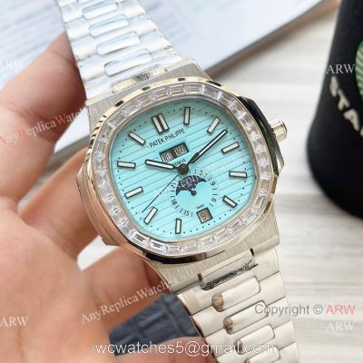 New Clone Patek Philippe Nautilus Annual Calendar Watch Baby Blue Face with Diamonds watches
