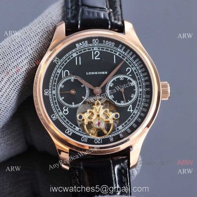 Copy Longines Master Tourbillon Rose Gold Case Black Face Leather 42MM Watch watches