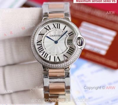 Copy Cartier Balloon Blue 2-Tone Rose Gold Strap Diamond Bezel White Dial Watch watches