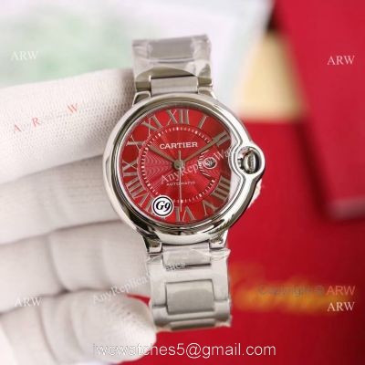 Copy Balloon Blue Cartier Polished SS Case Stainless Steel Strap Red Dial Watch watches