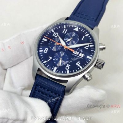 New Copy IWC Pilots Automatic Watch Orange Hand Blue Leather Strap watches