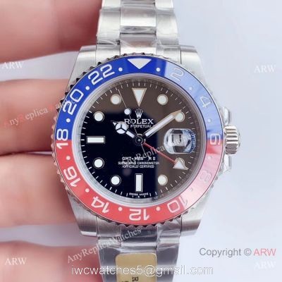 UN factory/904L/Swiss 3285 Rolex Gmt Master II Pepsi Replica Watch Black Dial Oyster Band watches