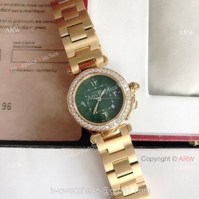 Replica Cartier Pasha Diamond Bezel Deep Green Dial Gold Watch With Arabic Markers watches