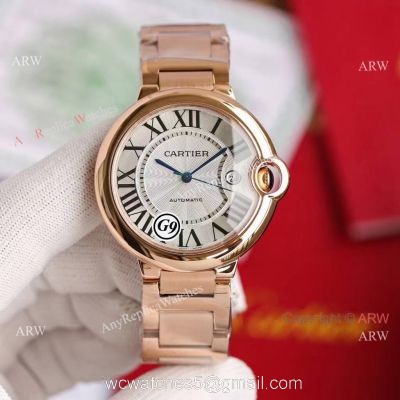 Replica V6 Cartier Balloon Blue Rose Gold Case White Face Watch SS Strap watches