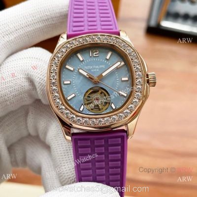 Clone Patek Philippe Lady Tourbillon Diamond Bezel Purple Rubber Strap 35mm watches