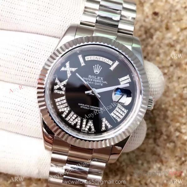 High Quality Copy Rolex Day-Date 40MM Watch MingZhu Movement SS Black Diamond Roman Face High Quality Copy Rolex Day-Date 40MM Watch MingZhu Movement SS Black Diamond Roman Face