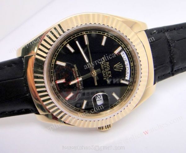 Rolex Day-Date Watch and Black Face Gold Beael Black Leather Strap Rolex Day-Date Watch and Black Face Gold Beael Black Leather Strap