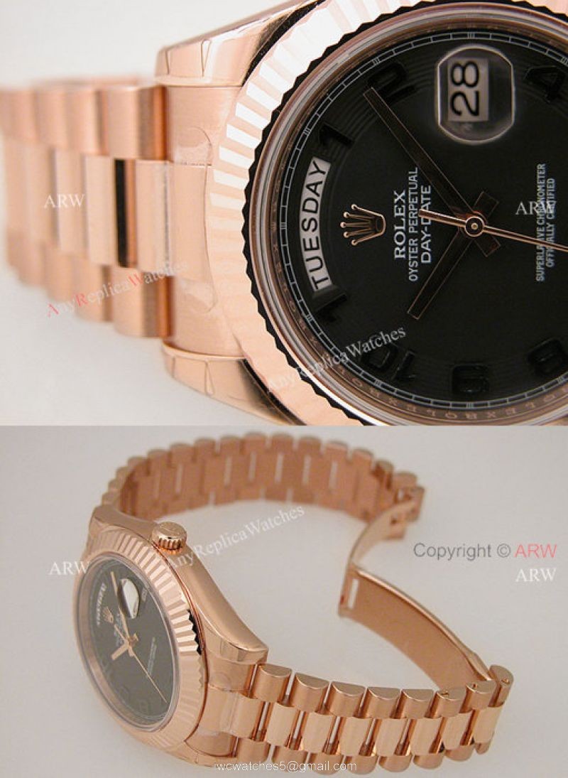 Replica Rolex Day-Date II Watch Black Arabic Dial Rose gold Replica Rolex Day-Date II Watch Black Arabic Dial Rose gold