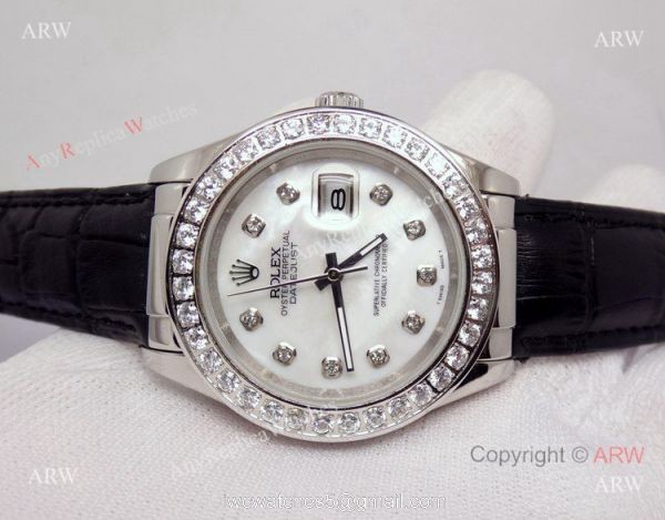 Rolex White MOP Face Diamond Bezel Black Leather Band Watch Rolex White MOP Face Diamond Bezel Black Leather Band Watch