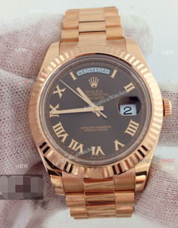 Replica Rolex Day Date II Watch Rose Gold Brown Roman Markers Replica Rolex Day Date II Watch Rose Gold Brown Roman Markers