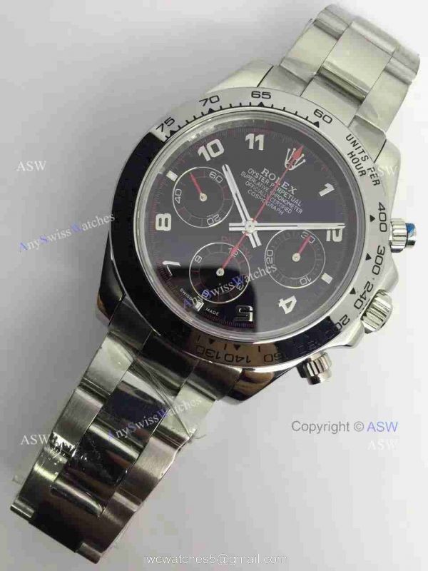 Copy Swiss Rolex Daytona Valjoux 7750 Watch SS Black Arabic Copy Swiss Rolex Daytona Valjoux 7750 Watch SS Black Arabic