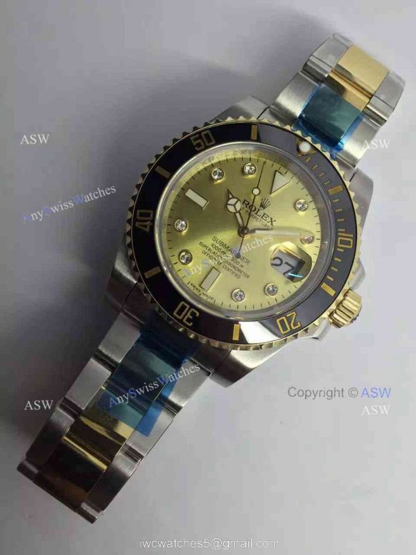 Swiss Copy Rolex Submariner Watch 2-Tone Gold Face Diamond Markers Swiss Copy Rolex Submariner Watch 2-Tone Gold Face Diamond Markers
