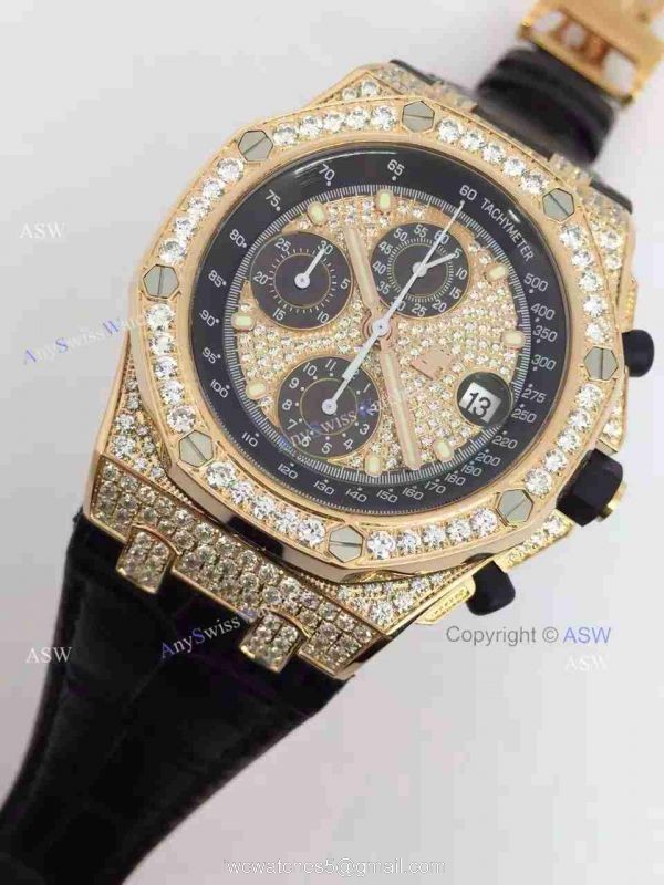 Replica Audemars Piguet Watch Rose Gold Case diamond dial diamond bezel Black Leather Replica Audemars Piguet Watch Rose Gold Case diamond dial diamond bezel Black Leather