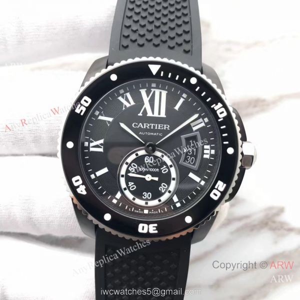 Swiss Replica Calibre De Cartier Diver Black PVD Watch Silver Fluted Bezel Swiss Replica Calibre De Cartier Diver Black PVD Watch Silver Fluted Bezel