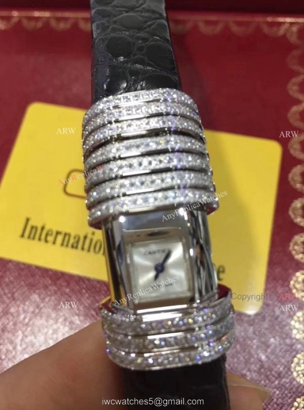 Cartier Small Silver Dial With Diamonds Replica Watches Black Leather Band Cartier Small Silver Dial With Diamonds Replica Watches Black Leather Band