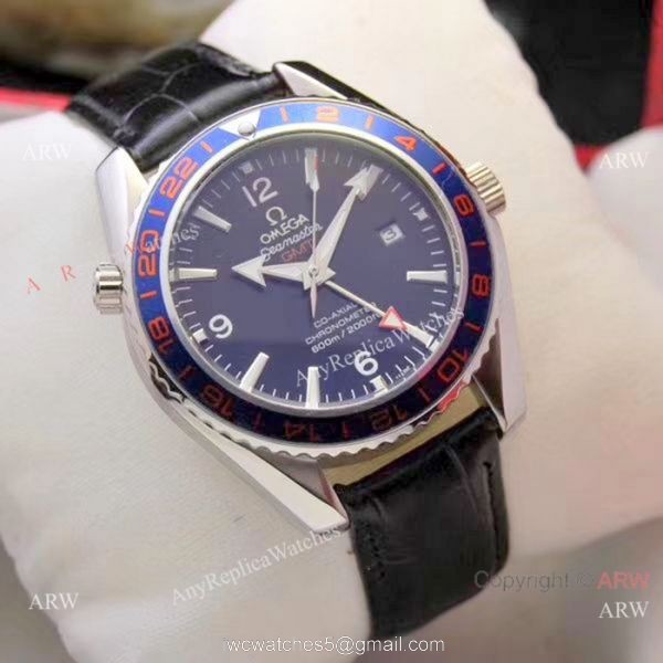 Copy Omega Seamaster GMT 45mm Watches SS Black Leather Strap Copy Omega Seamaster GMT 45mm Watches SS Black Leather Strap