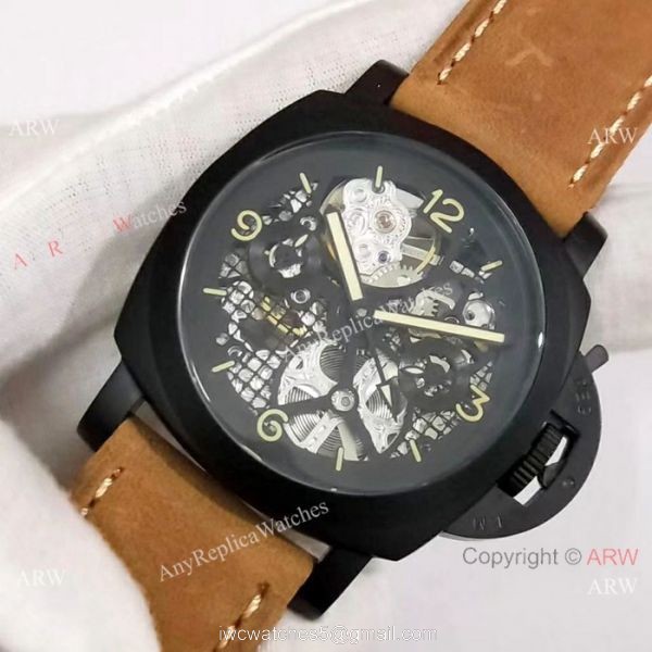 Best Quality Panerai Black Hollow Watch 47mm Brown Leather Strap Best Quality Panerai Black Hollow Watch 47mm Brown Leather Strap