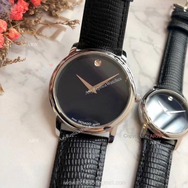 New Replica MOVADO Quartz Lovers Watch SS Black Leather Strap New Replica MOVADO Quartz Lovers Watch SS Black Leather Strap
