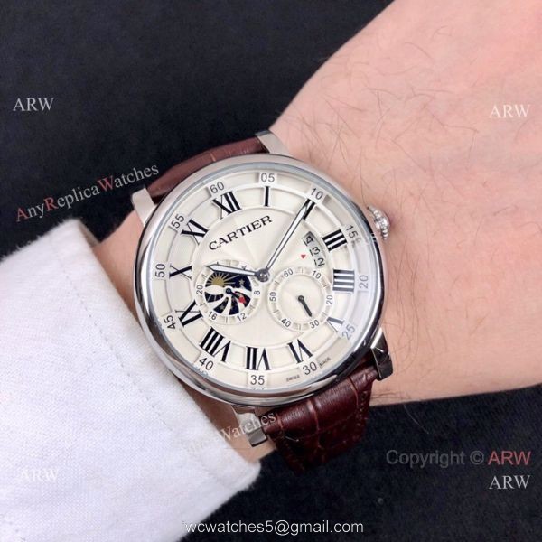 Copy Rotonde de Cartier Moonphase Watches Rose Gold Leather Strap Copy Rotonde de Cartier Moonphase Watches Rose Gold Leather Strap