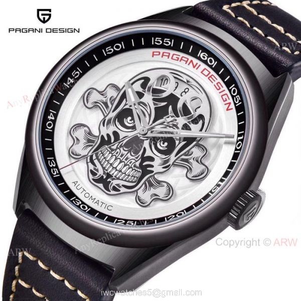 Pagani Design PVD Black Steel Watch White Skull Face Pagani Design PVD Black Steel Watch White Skull Face