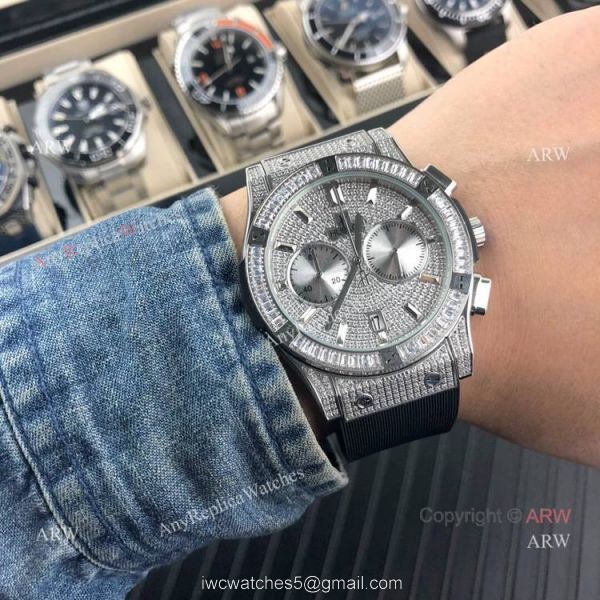Iced Out Hublot Knock off Watches Classic Fusion SS Black Rubber Strap Iced Out Hublot Knock off Watches Classic Fusion SS Black Rubber Strap