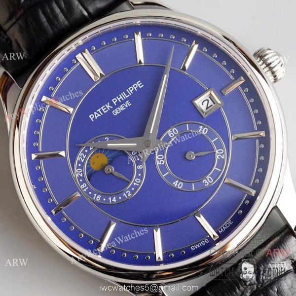 Swiss Grade 1 Patek Philippe Moonphase Replica Wristwatch Blue Dial Black Leather Strap Swiss Grade 1 Patek Philippe Moonphase Replica Wristwatch Blue Dial Black Leather Strap