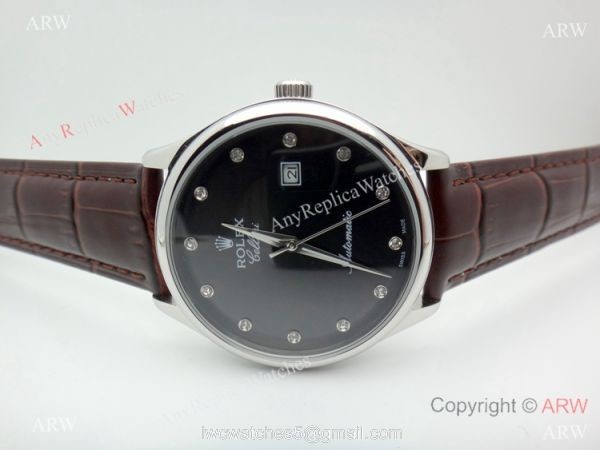Buy Copy Rolex Geneve Cellini Black Watch Brown Leather strap Buy Copy Rolex Geneve Cellini Black Watch Brown Leather strap