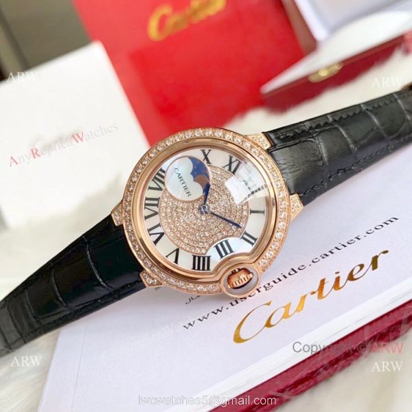 Ballon Bleu de Cartier 36mm Replica Watches Gold Diamond Green Leather Band Ballon Bleu de Cartier 36mm Replica Watches Gold Diamond Green Leather Band