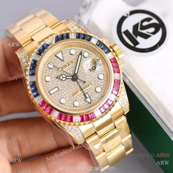 Swiss Grade 1 Replica Rolex GMT Master 2 Rainbow Yellow Gold Watch KSF Eta2836 Swiss Grade 1 Replica Rolex GMT Master 2 Rainbow Yellow Gold Watch KSF Eta2836