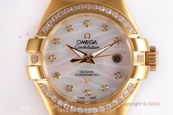 Swiss Replica Omega Constellation 27mm Watch Yellow Gold Pink MOP Dial Swiss Replica Omega Constellation 27mm Watch Yellow Gold Pink MOP Dial